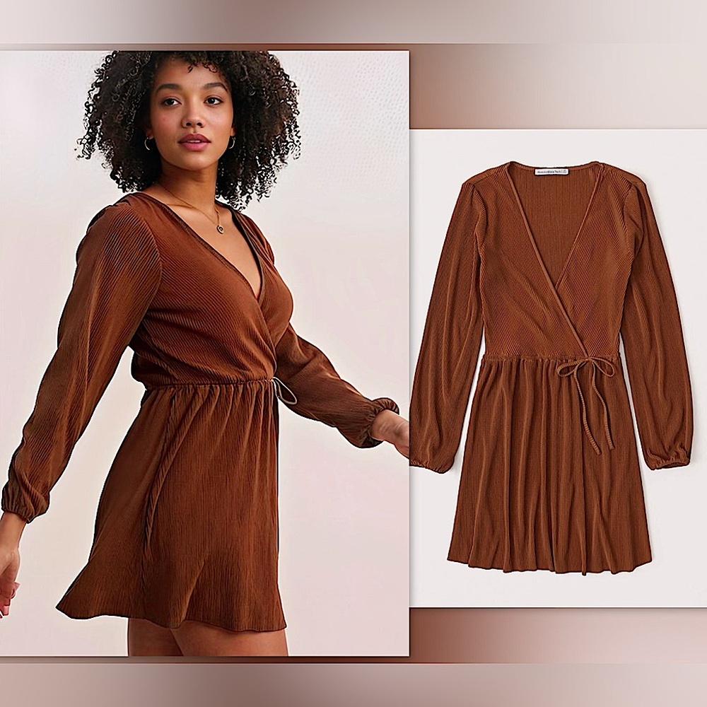 🍁Abercrombie & Fitch Satin Pleated Wrap Mini Dress -Burnt Orange Spice/Rust, S